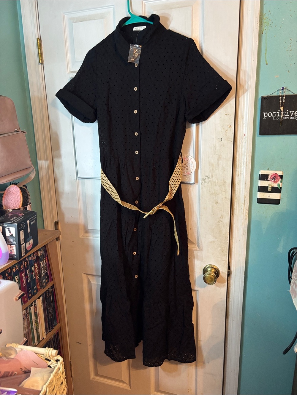 Women's Black Eyelet Maxi Shirt Dress with Contrast Belt Size Large